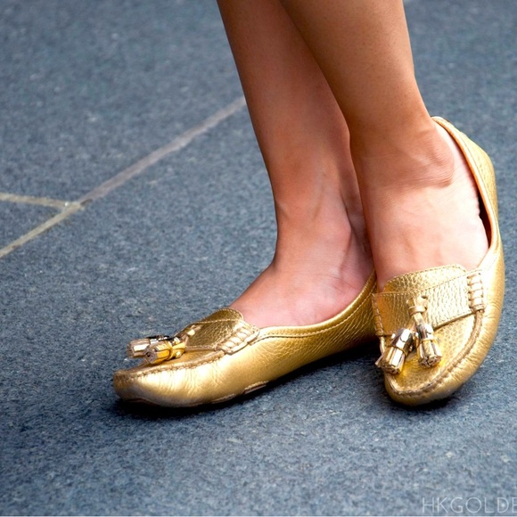 Tory Burch Lawrence Gold Tassel Loafer Casual Gold Square Toe Flat Shoes - Picture 1 of 9